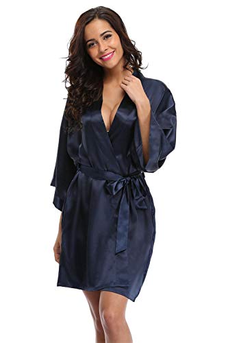 Vogue Bridal Women's Satin Rhinestone Short Wedding Kimono Robe for Maid of Honor, Navy L