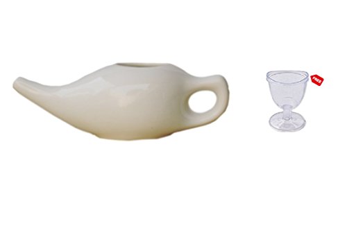 Ceramic Neti Pot for Nasal Cleansing | Ceramic Neti Pot + Plastic Eye Wash Cup | Natural Treatment for Sinus Infection and Congestion | Ceramic Neti Pot + 10 sachet Neti salt ,Instructions Leaflet