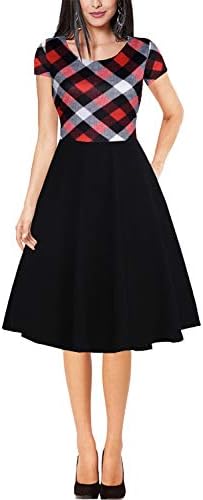Fantaist Women's Short Sleeve Round Neck Patchwork Pockets Puffy Swing Aline Dress