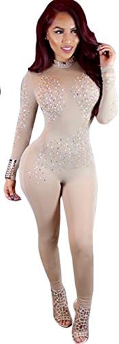 Women Sexy Long Sleeve Rhinestone Embellished Sheer Mesh Clubwear Jumpsuit Romper Medium Apricot