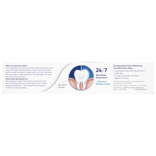 SENSODYNE EXTRA WHITENING SENSITIVE TEETH AND CAVITY PREVENTION WHITENING TOOTHPASTE, AMAZON EXCLUSIVE, COOL MINT, AMAZON EXCLUSIVE- 4 OUNCES (PACK OF 4)