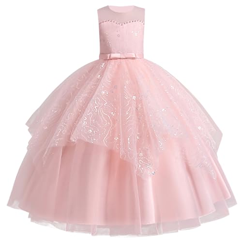 IWEMEK Kinder Mädchen Kleid Zeremonie Hochzeit Lang Karneval Tutu Ärmellos Kleid Taufe Kommunion Geburtstag Party Brautkleid, Rosa, 150 cm