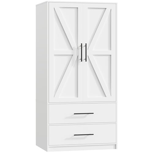HOOBRO Armoire Wardrobe Closet with 2 Drawers, 180 cm Tall Wardrobe Cabinet with Hanging Rod, 2 Doors Bedroom Armoires, Farmhouse Clothing Storage Cabinet, Wooden Wardrobe for Bedroom, White WT180CW01