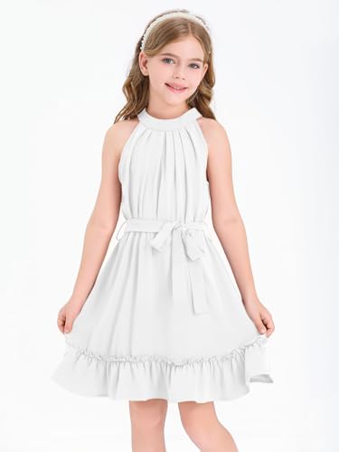 Halomoning Girl's Dress Sleeveless Simple Classic Casual Knee Length for Children Summer Princess Party Wedding Tie Waist A-Line