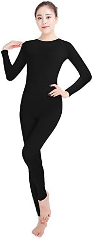 Amsicoo Womens Long Sleeve Round Neck Footless Bodysuit Lycra Spandex Unitard, Black, Large