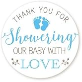 Baby Shower Stickers | Blue | Thank You For Showering Our Baby With Love | 48 Stickers - 1.67 Inches Round | Baby Shower Stickers For Boys | Pitter Patter - Tiny Baby Feet Baby Shower Labels