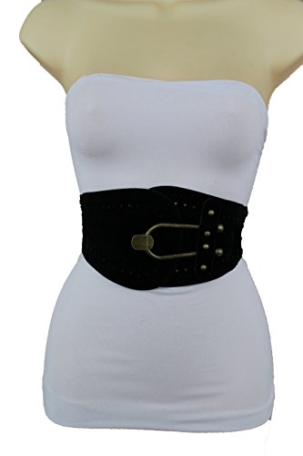 TFJ Women Fashion Faux Suede Wide Fabric Belt Gold Metal Hook Buckle Hip Waist S M Black