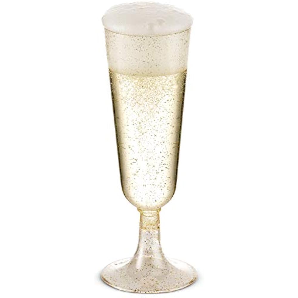 50 Gold Glitter Plastic Champagne Flutes 5.5 Oz. Clear Hard Disposable