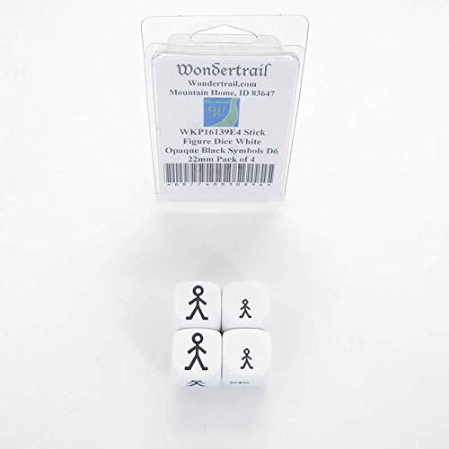 Stick Figure Dice White Opaque Dice with Black Symbols D6 22mm (7/8in) Pack of 4 Wondertrail