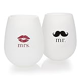 Urmelody Mr. and Mrs. Outdoor Wedding Parties Unbreakable Stemless Silicone Wine Glasses Food Grade Clear Silicone & Dishwasher Safe Set of 2 Rubber Beer Drinking Cups (1 pair)
