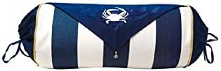 COASTAL NAUTICAL BEACH PILLOWS 26 X 12 Blue White Stripe Crab Bolster - Outdoor Sunbrella®, Classic navy and white striped Sunbrella bolster pillow is trimmed off with gold piping and decorative embroidered flap. Each end has ties for easy insert removal.