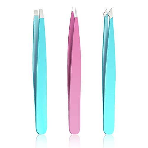 Tweezers Set 3-pcs, Professional Stainless Steel Tweezers, Great Precision for Eyebrow Hair, Facial Hair, Ingrown Hair Remover, (MultiColor)