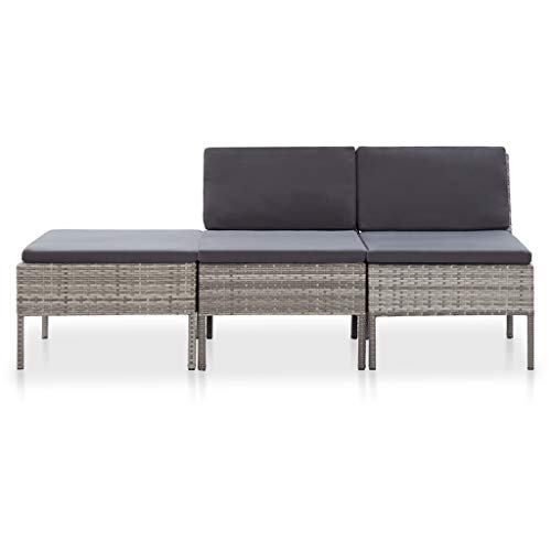 Tidyard 3-TLG. Poly Rattan Lounge Set, Modulare Gartenlounge 3 Sitzer Sofa, Sofa-Mittelstück Fußstütze Kissen Grau