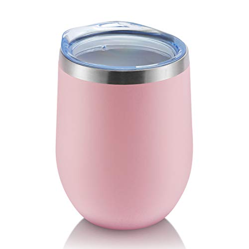 DOMICARE Insulated Wine Tumbler with Lid (1 Pack, Pink) - 12 OZ Stemless Double Wall Vacuum Traval Mug - Keeping Cold & Hot for Wine, Coffee, Cocktails, Drinks