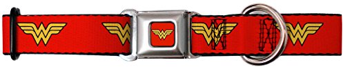 Wonder Woman DC Superhero Red And Yellow Repeating Logo Seatbelt Pet Dog Collar by Buckle Down