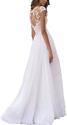 Holygift Women's A-Line Double V Neck Chiffon Lace Cap Sleeves Beach Wedding Dresses Bridal Gown