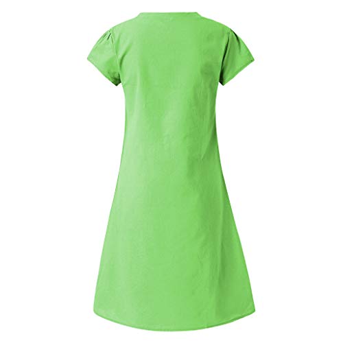 Sharemen Women Cotton Linen Shirt Dress V-Neck Short Sleeve Casual Loose Plus Size Summer Boho Dress(Green,L)