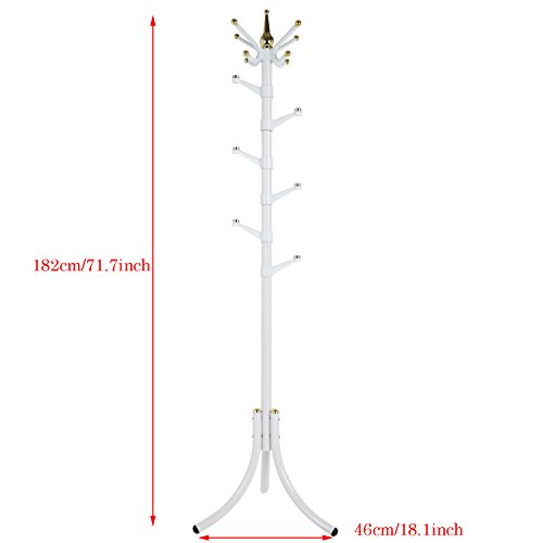 11 Hooks Standing Metal Coat Hat Rack Entryway Coat Tree with Base for Coat Hat Purse Jacket (White-1)