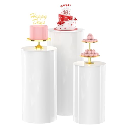 Wokceer Cylinder Pedestal Stands for Party White 3Pcs Large Round Cylinder Tables for Parties Pedestal Display Plinth Pillars for Wedding Birthday Party Art Decor 15.7*35.4