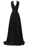 Women's Modest V Neck Open Back Chiffon Long Evening Gown with Lace