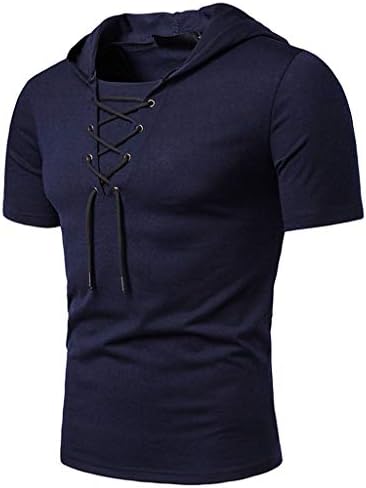 Hooded Short Sleeve Top for Men丨Summer Newest Lace-up Collar Solid T Shirt丨Mens Loose Hoodie Tops Pullover Plus Size