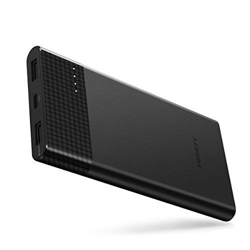 PISEN Power Bank Type C, Slim Portable Charger, Battery Pack USB C 10000mAh with LED Indicator Light, Dual USB External Battery Charger [Plaid] for iPhone, iPad, Samsung, Nexus and More (Black)