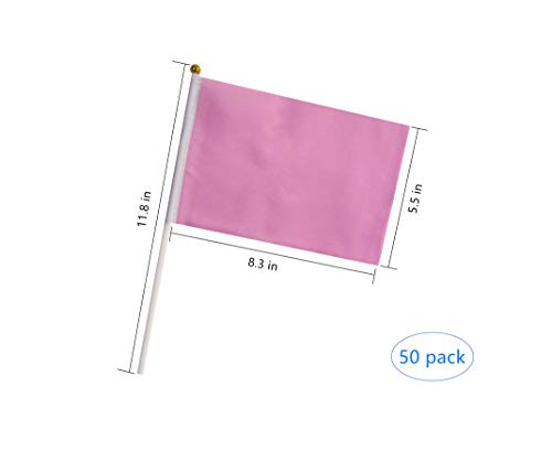 tibijoy 50 Pack Pink Stick Flags, Hand Held Small Pink Flags On Stick,Perfect Decorations Themed Party,Sports Clubs,Festival Events,Garden,Golf Course,Playground,Flower Pot