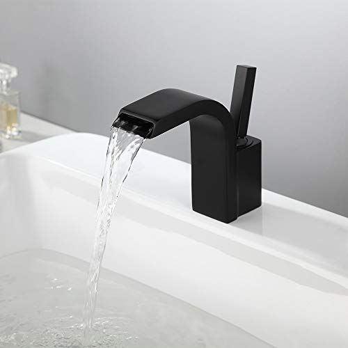 Lovedima Modern Single Joystick Handle Single Hole Solid Brass Waterfall Spout Bathroom Sink Faucet (Black)