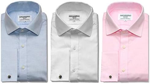 Christian Benedict Men's Double Cuff Shirt 15-17.5 Cotton Pink Blue White Regular Fit Formal Long Sleeve