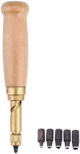 6 in 1 Automatic Hole Punch Drill Tool Wooden Handle Screw Punch Leather DIY Hand Craft Stitching Tool with 1.5mm, 2mm, 2.5mm, 3mm, 3.5mm, 4mm Tips