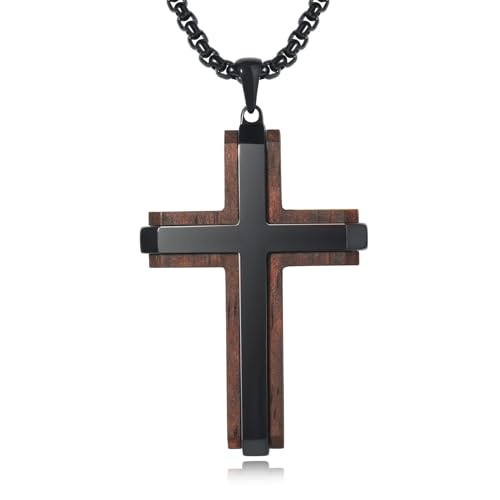 Ropartman Wooden Cross Necklace for Men, Real Ebony Mens Cross Necklaces Black Stainless Steel Christian Wood Crucifix Pendant, with Necklace 24