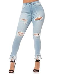 jeans de alta velocidad delgados para dama lijados a mano