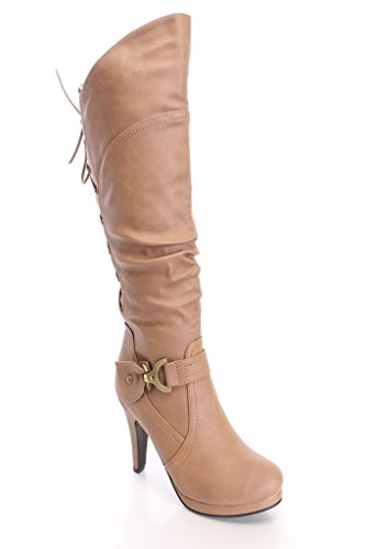 Top Moda Womens Page-65 Knee High Round Toe Lace-Up Slouched High Heel Boots,Taupe,9
