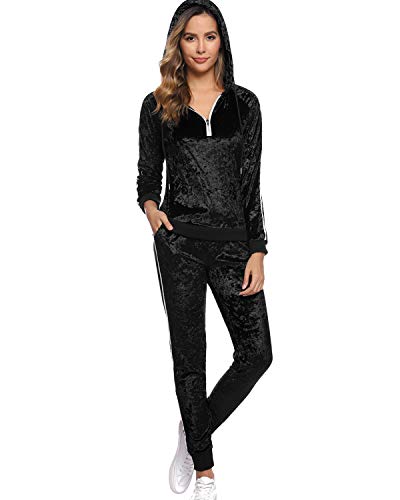 Hawiton Women's Velvet 2 Piece Tracksuit Long Sleeve Hoodie Sweatshirt and Pants Set Sweatsuit Sportswear Black