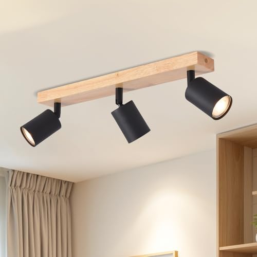 LVWIT Ceiling Lamps, GU10 Black Light Shade, 3 Way Wood Light Fixtures Ceilings, Adjustable Industrial Wall Ceiling Lamp, Ceiling Lamp for Living Room (No Bulbs Included)