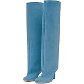 Wnshonzy Knee High Boots for Women Faux Suede Wide Calf Square Toe Tall Stiletto Kitten High Heels Thigh Long Fall Boot Pull on Fashion Casual Cute Y2K