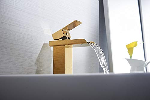Bathfinesse Bathroom Sink Faucet Waterfall Spout Single Handle One Hole Lavatory Gold