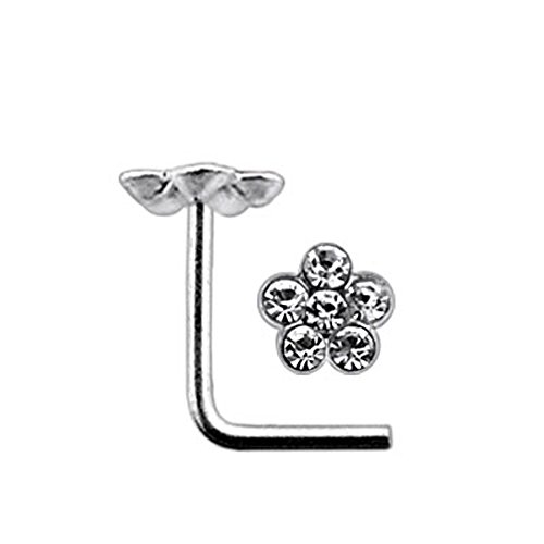 White Colorful Multi Crystal Flower Top 22 Gauge Silver L Shape - L Bend Nose Stund Nose Pin