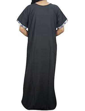 Mogul Womens Kaftan Nightdress Neck Embroidered Maxi Caftan House Dresses (Black 2)