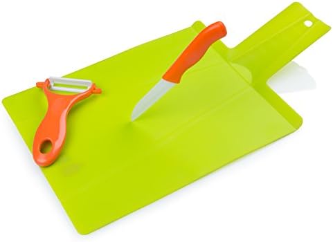 BAS Folding Plastic Cutting Board- With Ceramic Knife &amp; Peeler- Comfortable Grip- Dual Use Chopping Mat- Folds Into A Chute With Just One Move- Complete Kitchen Accessories Set- Perfect Gift Idea