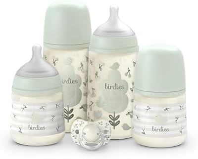 , Set Biberones Recién Nacido, Pack Regalo con: 2 x 270 ml Flujo Medio + 2 x 150 ml Flujo Lento + Chupete de 0 a 6 Meses, Tetinas Fisiológicas SX Pro de Silicona, 5 Pcs, +0M, Birdies Verde