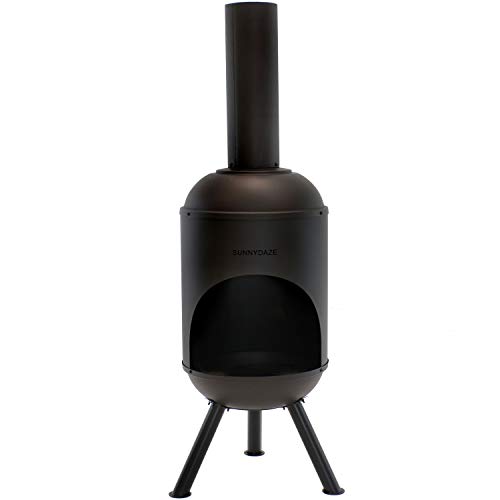 Sunnydaze Modern Chiminea - Steel Outdoor Wood-Burning Fire Pit - Large 5-Foot Black Fireplace - Durable Wood Grate - Quick & Easy Assembly - Perfect for Patio, Deck or Backyard Use