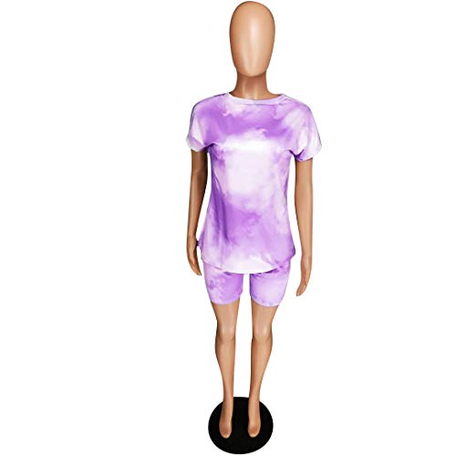 Women 2 Piece Outfits Shorts Set - Casual Tie Dye Pullover Shirts Tops + Biker Short Jumpsuit Sets Light Purple L