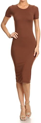Women's Solid Short Sleeve Crewneck Midi Bodycon Dress (Medium, Mocha)