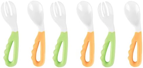 Reizbbay Easy-to-hold Baby Spoon and Fork Set with Curved Handle Soft Silicone Feeding Gift for Toddlers(3 sets) (Yellow+Green)