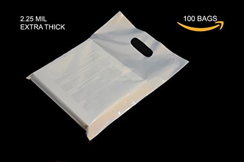 100 9x12 Merchandise Shopping Bags With Die Cut Handles | White Extra Thick 2.25 mil LDPE Plastic Bag | Perfect for Retail Stores, Gifts, Promotion, Party Favors | 100% Recyclable