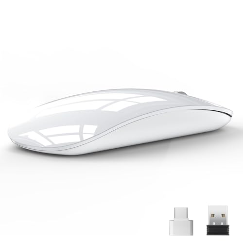 Uiosmuph U58 Wireless Rechargeable Optical Mouse, 2.4G Silent Wireless Mouse Ultra Portable with USB Nano Receiver and Type-C Adapter for PC/Tablet/Laptop (White)