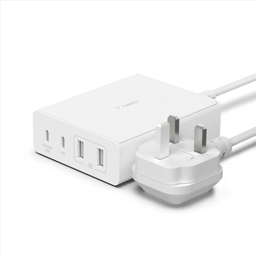 Belkin 108W GaN USB Ladestation für mehrere Geräte, 2 USB Typ C und 2 USB A Fast Desktop Charger Dock Hub für MacBook, Pro, Air, iPhone, Plus, Pro, Ma