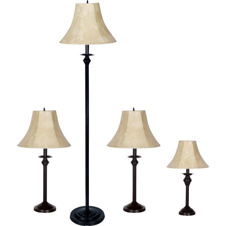Dark brown Base/Faux-leather shade Lamp includes 1 floor lamp, 1 accent lamp and 2 table lamps - Set of 4ï»¿