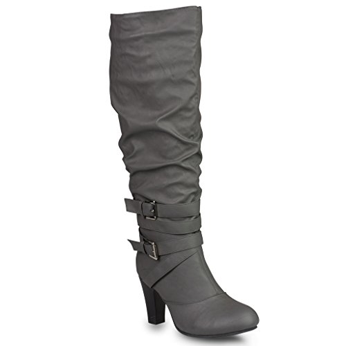 Twisted Women's HAILEY Faux Leather Wide Calf Knee-High Western Heeled Riding Boot with Multi Buckle Straps - GREY, Size 9